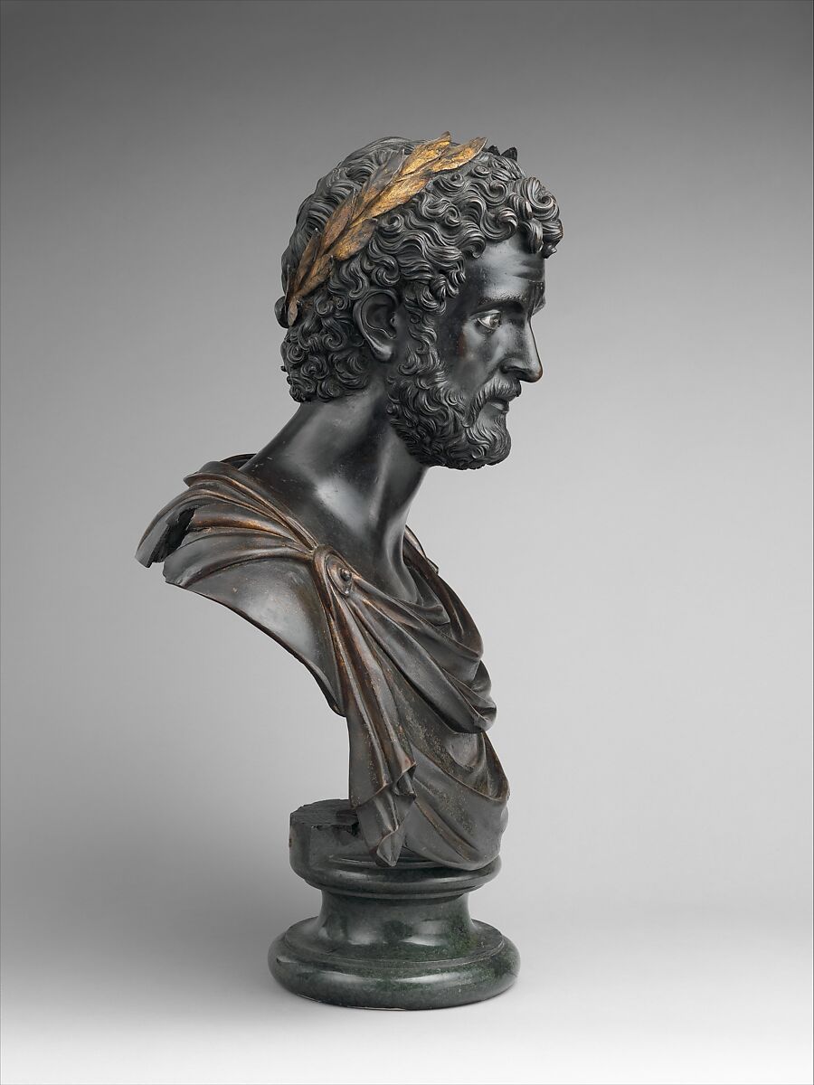 Emperor Antoninus Pius, Antico (Pier Jacopo Alari Bonacolsi) (Italian, Mantua ca. 1460–1528 Gazzuolo), Bronze, partially oil-gilt, silver inlay, on serpentinite socle, Italian, Mantua