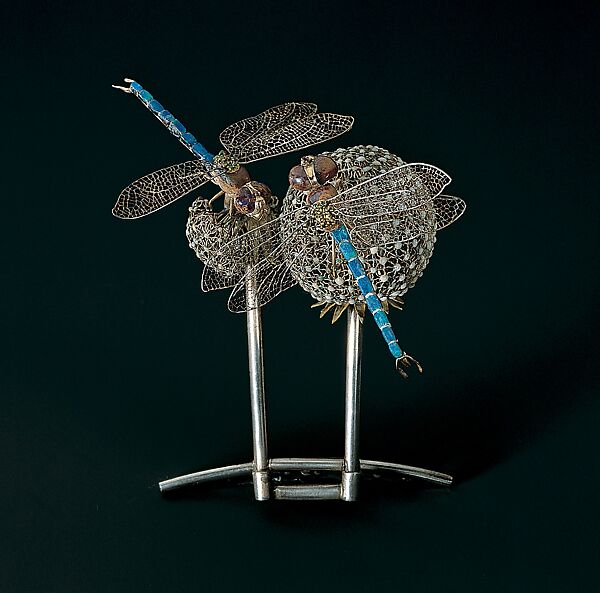 Hair Ornament, Louis C. Tiffany (American, New York 1848–1933 New York), Gold, silver, platinum, black opals, boulder opals, demantoid garnets, rubies, enamel., American