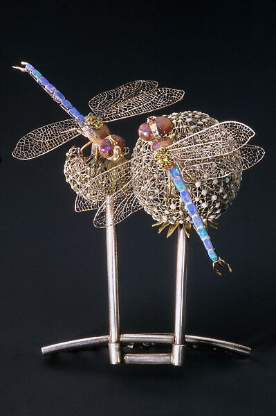 Hair Ornament, Louis C. Tiffany (American, New York 1848–1933 New York), Gold, silver, platinum, black opals, boulder opals, demantoid garnets, rubies, enamel., American