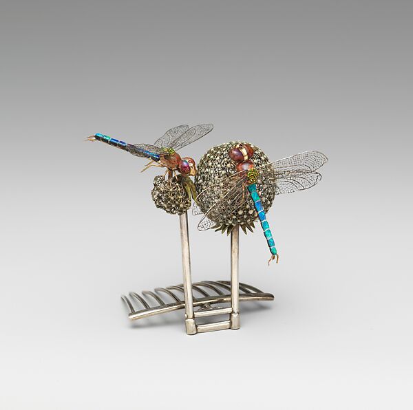 Hair Ornament, Louis C. Tiffany (American, New York 1848–1933 New York), Gold, silver, platinum, black opals, boulder opals, demantoid garnets, rubies, enamel., American 