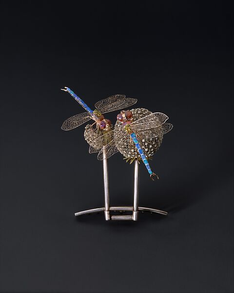 Hair Ornament, Louis C. Tiffany (American, New York 1848–1933 New York), Gold, silver, platinum, black opals, boulder opals, demantoid garnets, rubies, enamel., American