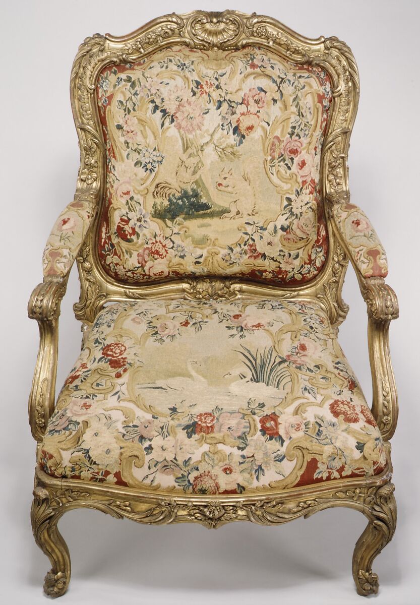 Armchair (fauteuil à la reine) (part of a set), Frame by Nicolas-Quinibert Foliot (1706–1776, warden 1750/52), Carved and gilded beech; wool and silk tapestry, French, Paris 