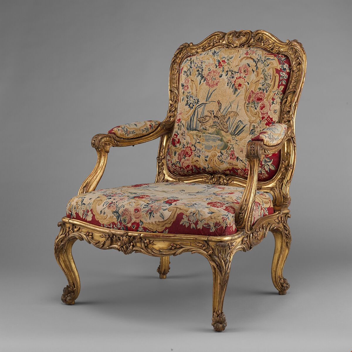 Armchair (fauteuil à la reine) (part of a set), Nicolas-Quinibert Foliot, Carved and gilded beech; wool and silk tapestry, French, Paris