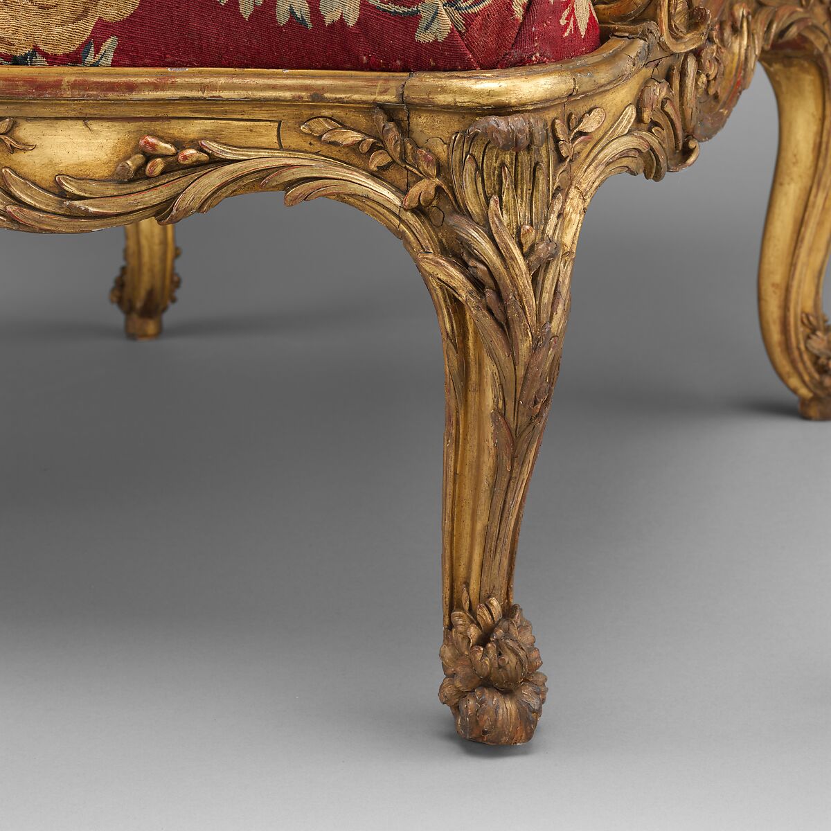 Armchair (fauteuil à la reine) (part of a set), Frame by Nicolas-Quinibert Foliot (1706–1776, warden 1750/52), Carved and gilded beech; wool and silk tapestry, French, Paris