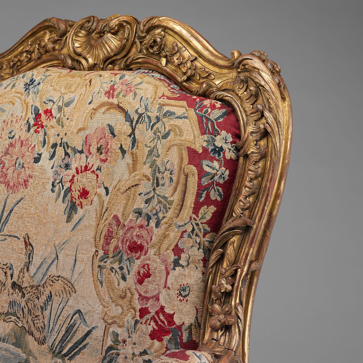 Armchair (fauteuil à la reine) (part of a set), Frame by Nicolas-Quinibert Foliot (1706–1776, warden 1750/52), Carved and gilded beech; wool and silk tapestry, French, Paris
