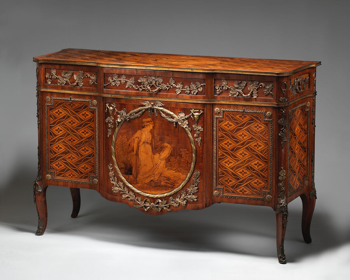 Commode (part of a set), Marquetry medallion attributed to Christopher Fuhrlogh (Swedish (active London), from ca. 1769), Marquetry of various woods, bronze and gilt-bronze mounts, British 