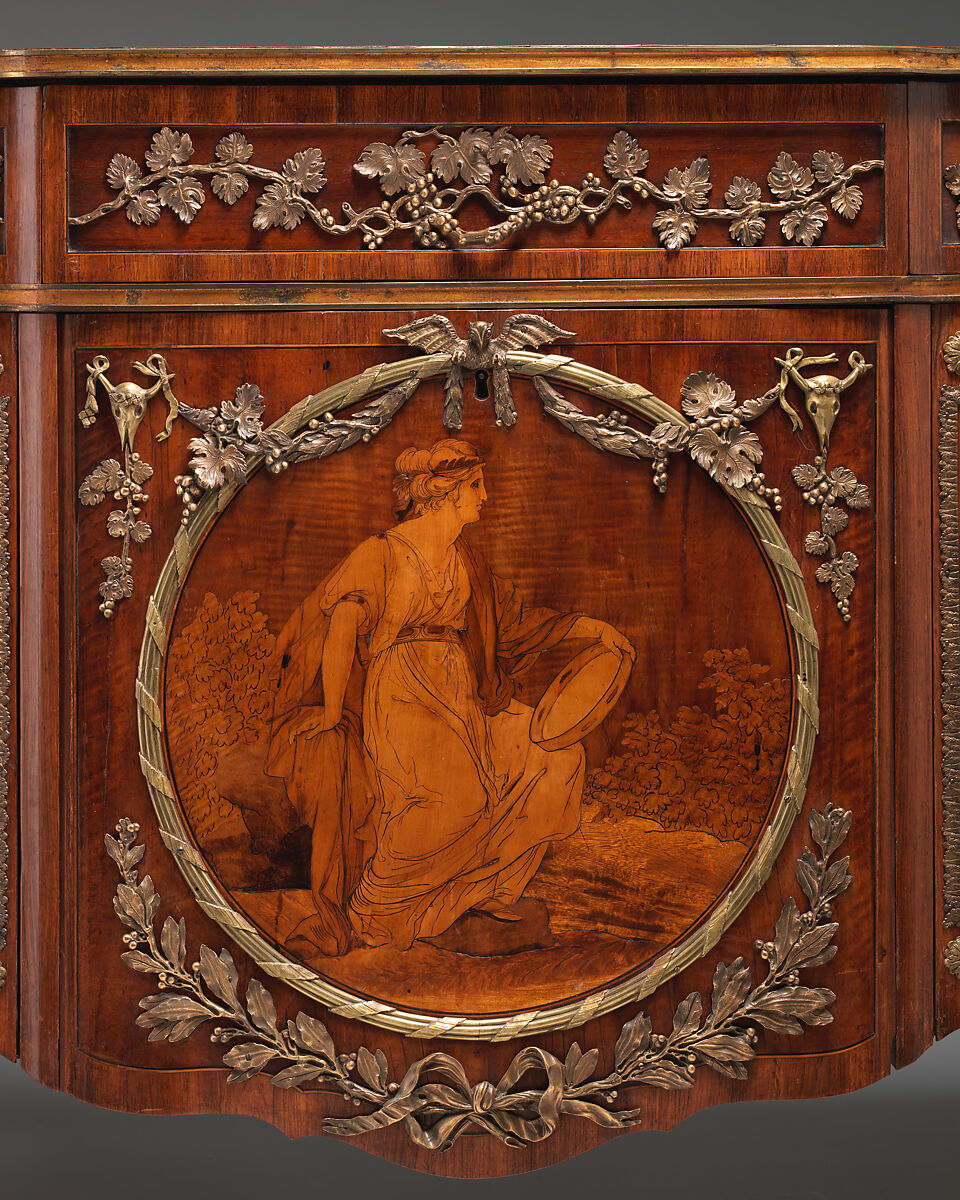 Commode (part of a set), Marquetry medallion attributed to Christopher Fuhrlogh (Swedish (active London), from ca. 1769), Marquetry of various woods, bronze and gilt-bronze mounts, British
