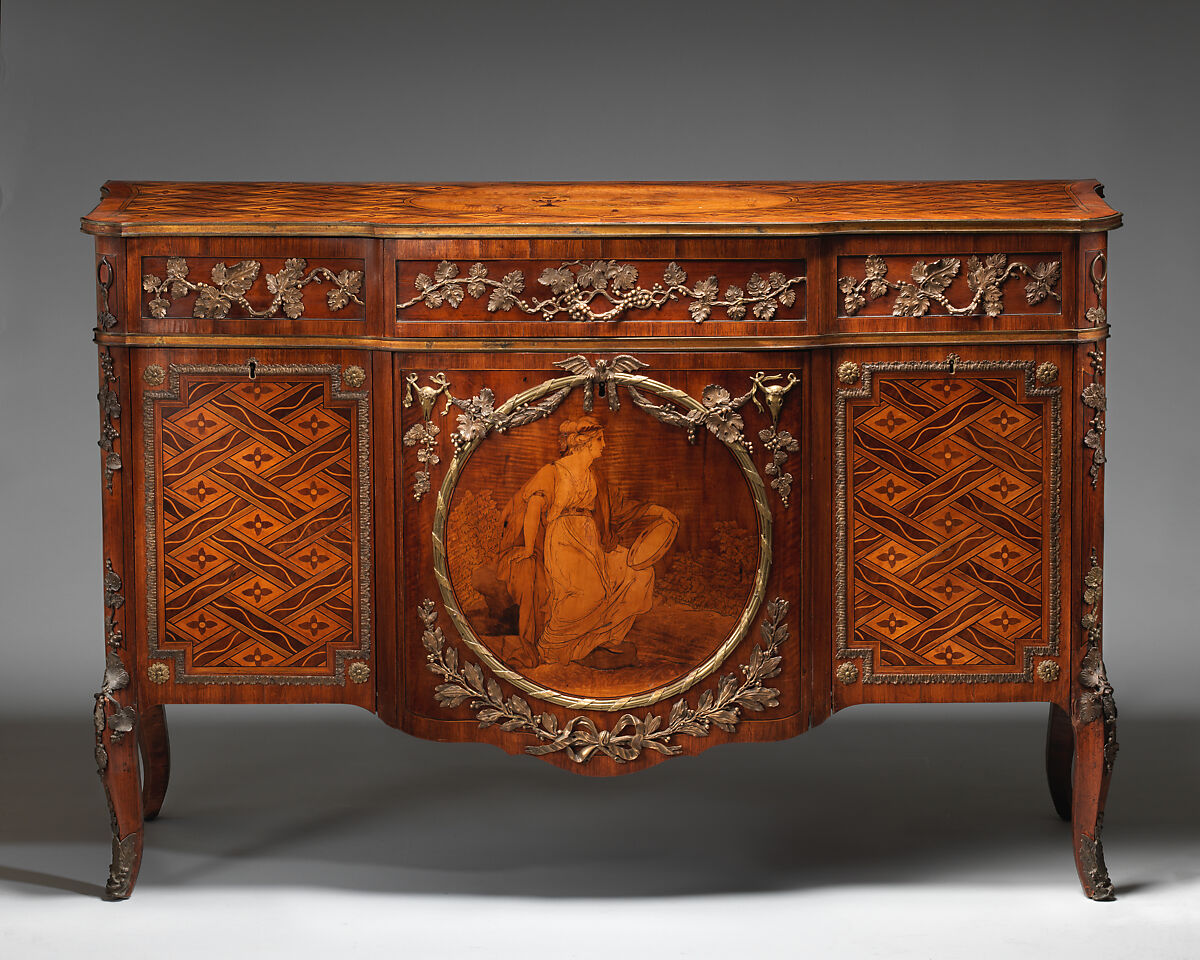 Commode (part of a set), Marquetry medallion attributed to Christopher Fuhrlogh (Swedish (active London), from ca. 1769), Marquetry of various woods, bronze and gilt-bronze mounts, British
