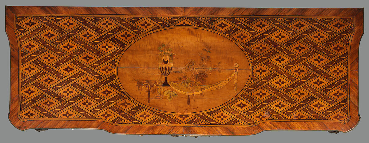 Commode (part of a set), Marquetry medallion attributed to Christopher Fuhrlogh (Swedish (active London), from ca. 1769), Marquetry of various woods, bronze and gilt-bronze mounts, British