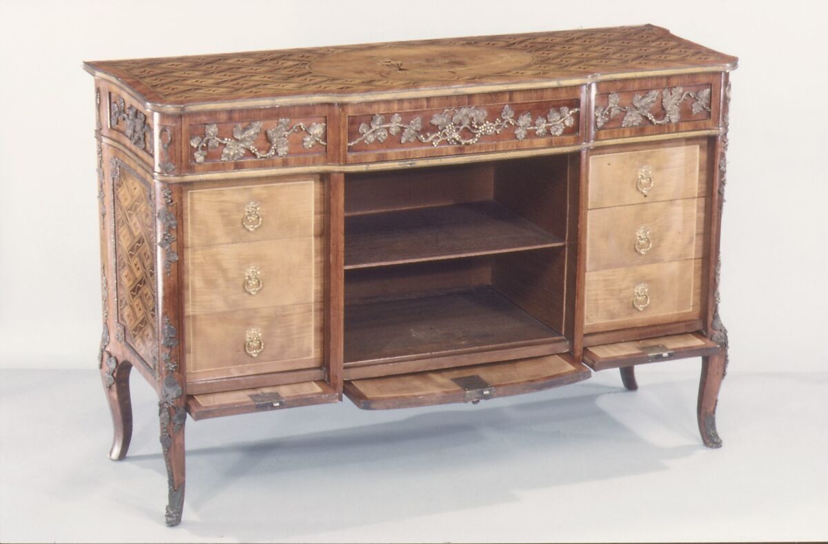 Commode (part of a set), Marquetry medallion attributed to Christopher Fuhrlogh (Swedish (active London), from ca. 1769), Marquetry of various woods, bronze and gilt-bronze mounts, British