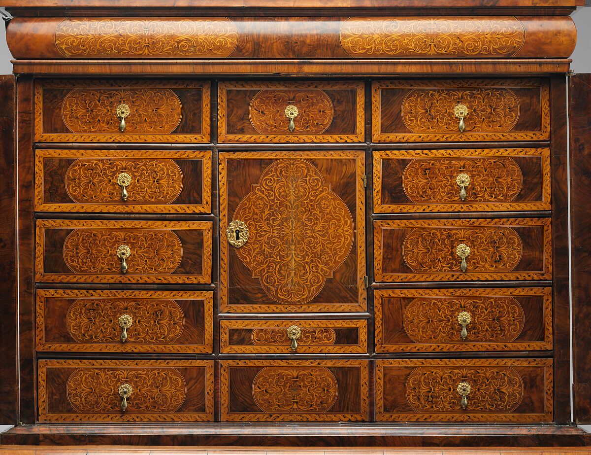 Cabinet on stand, Pine veneered with marquetry of walnut, burl walnut, holly; oak drawers; walnut legs; brass hardware, some of it replaced, British