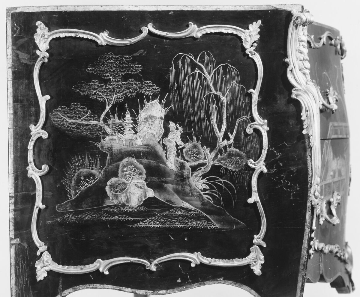Pair of commodes, François Rübestuck (ca. 1722–1785, master 1766), Oak, japanned black and gold; gilt bronze, marble, French