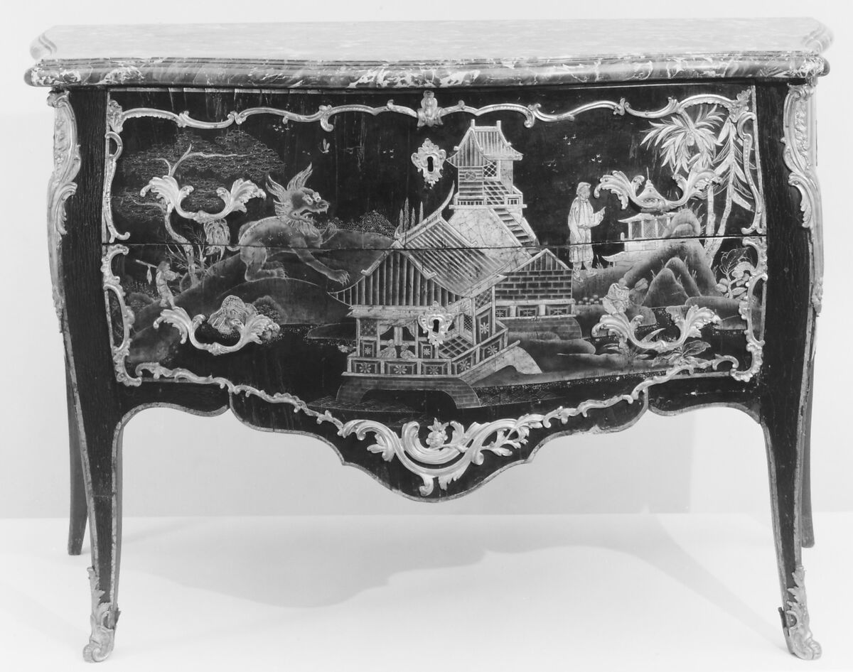 Pair of commodes, François Rübestuck (ca. 1722–1785, master 1766), Oak, japanned black and gold; gilt bronze, marble, French
