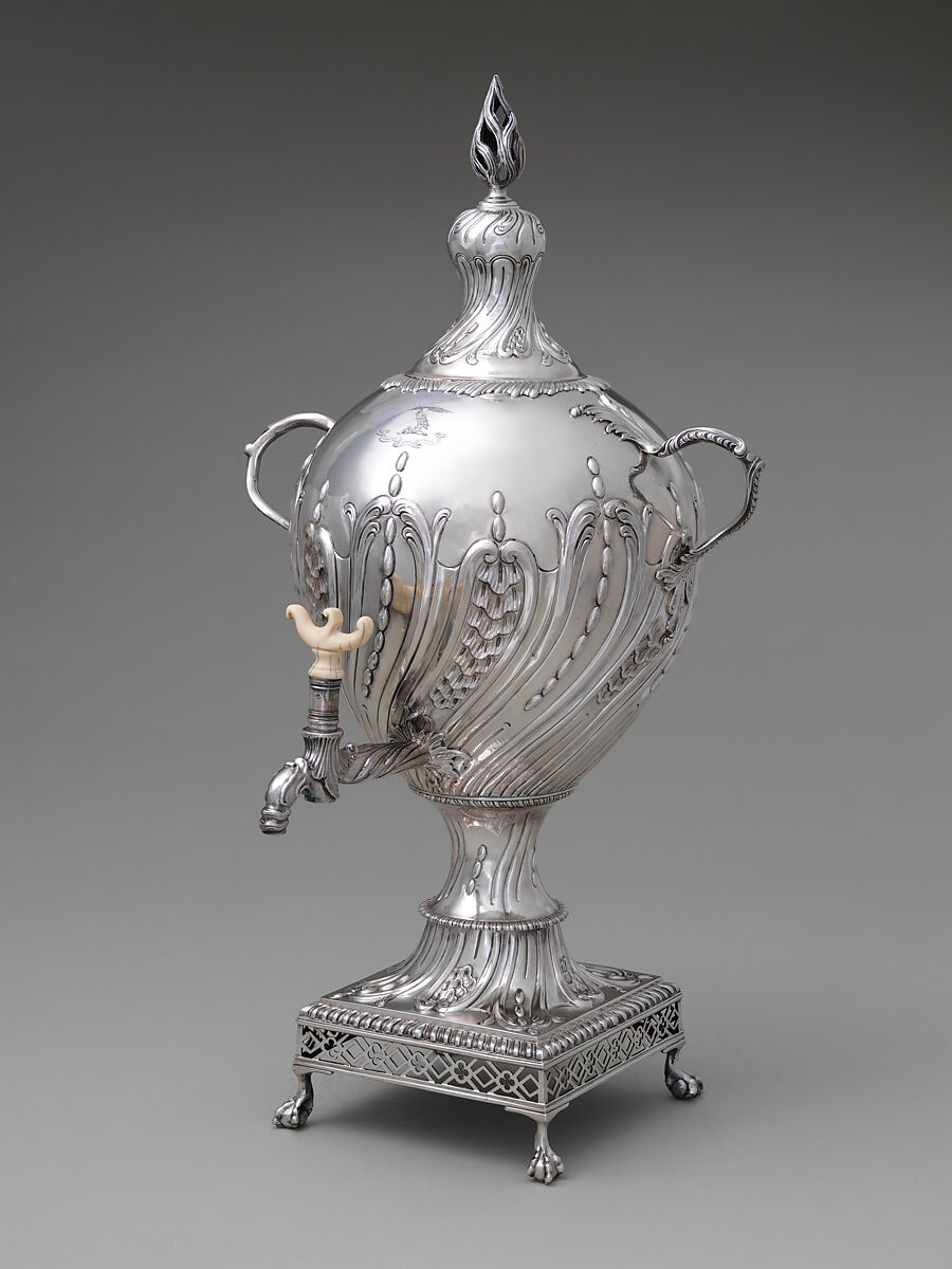 Hot water urn, Louisa Courtauld (British, 1729–1807), Silver, ivory, British, London 