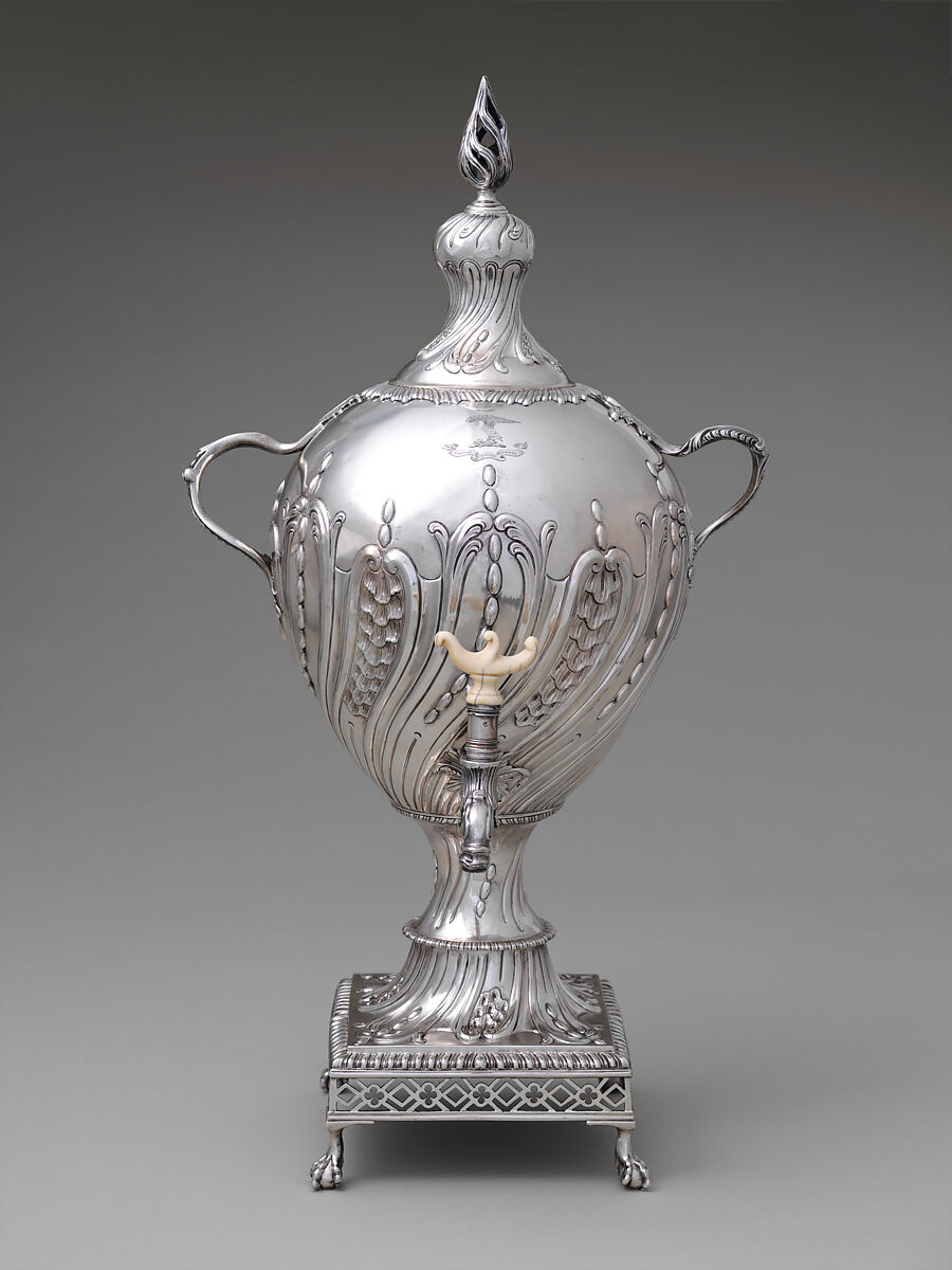 Hot water urn, Louisa Courtauld (British, 1729–1807), Silver, ivory, British, London