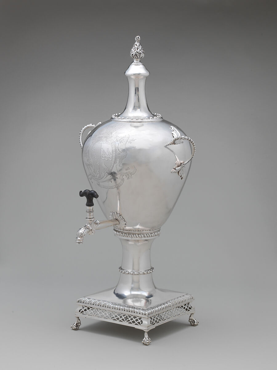 Hot water urn, John Baxter (earliest mention, 1770, entered 1773), Silver, British, London 