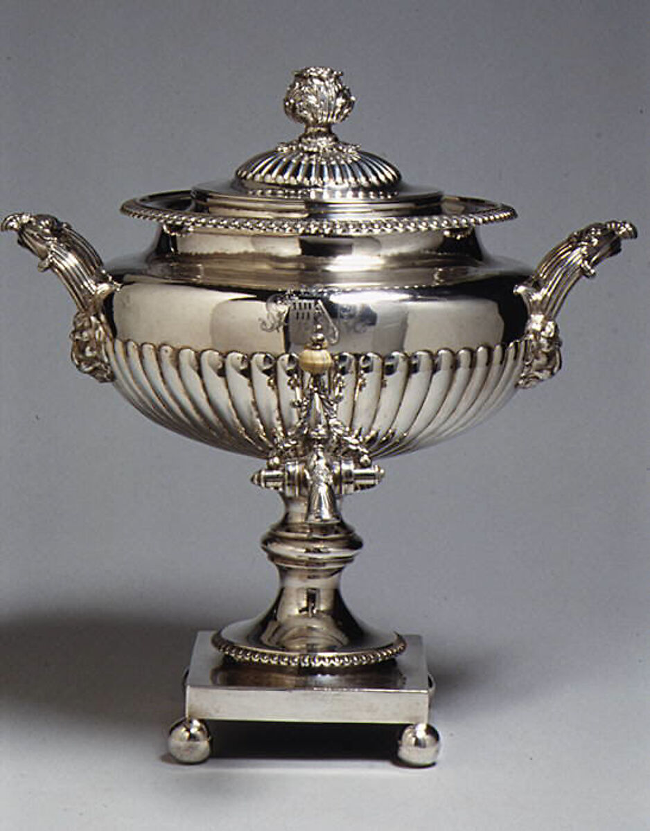 Hot water urn, Probably by John Angell (mentioned 1815–37), Silver, iron, British, London 