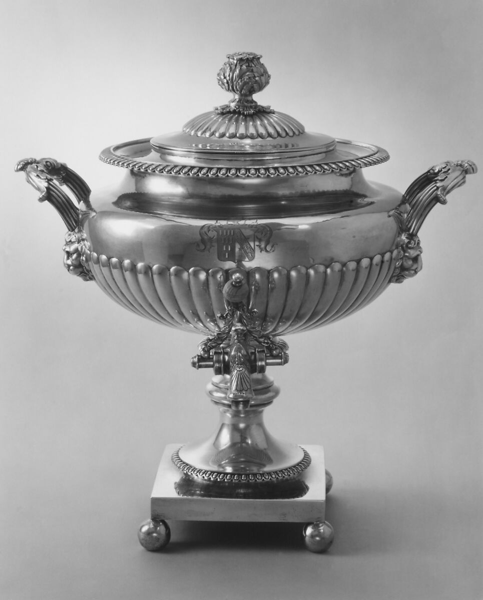 Hot water urn, Probably by John Angell (mentioned 1815–37), Silver, iron, British, London