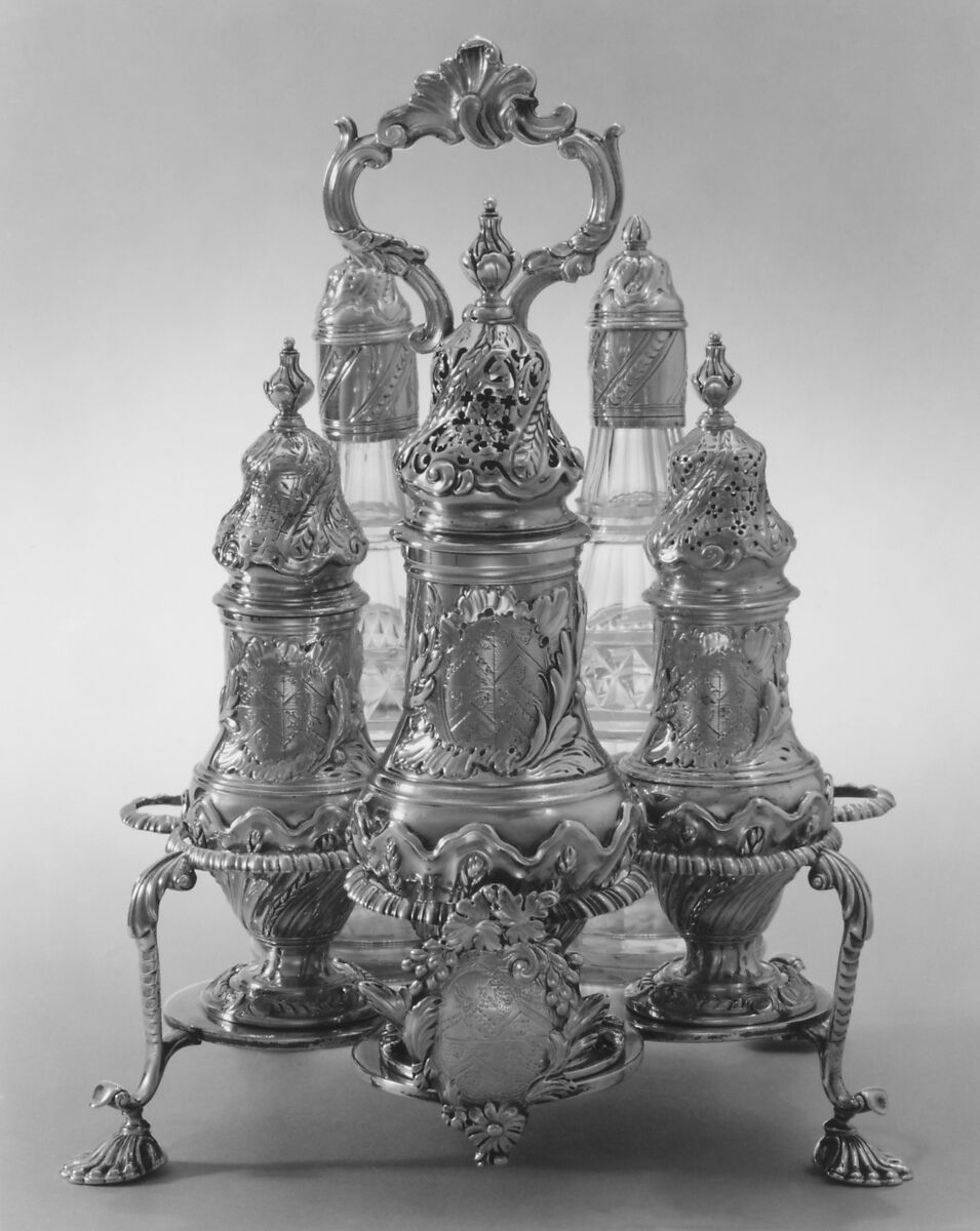 Warwick cruet stand with three casters and two bottles, Robert Peaston (British, active 1756–66), Silver, British, London 