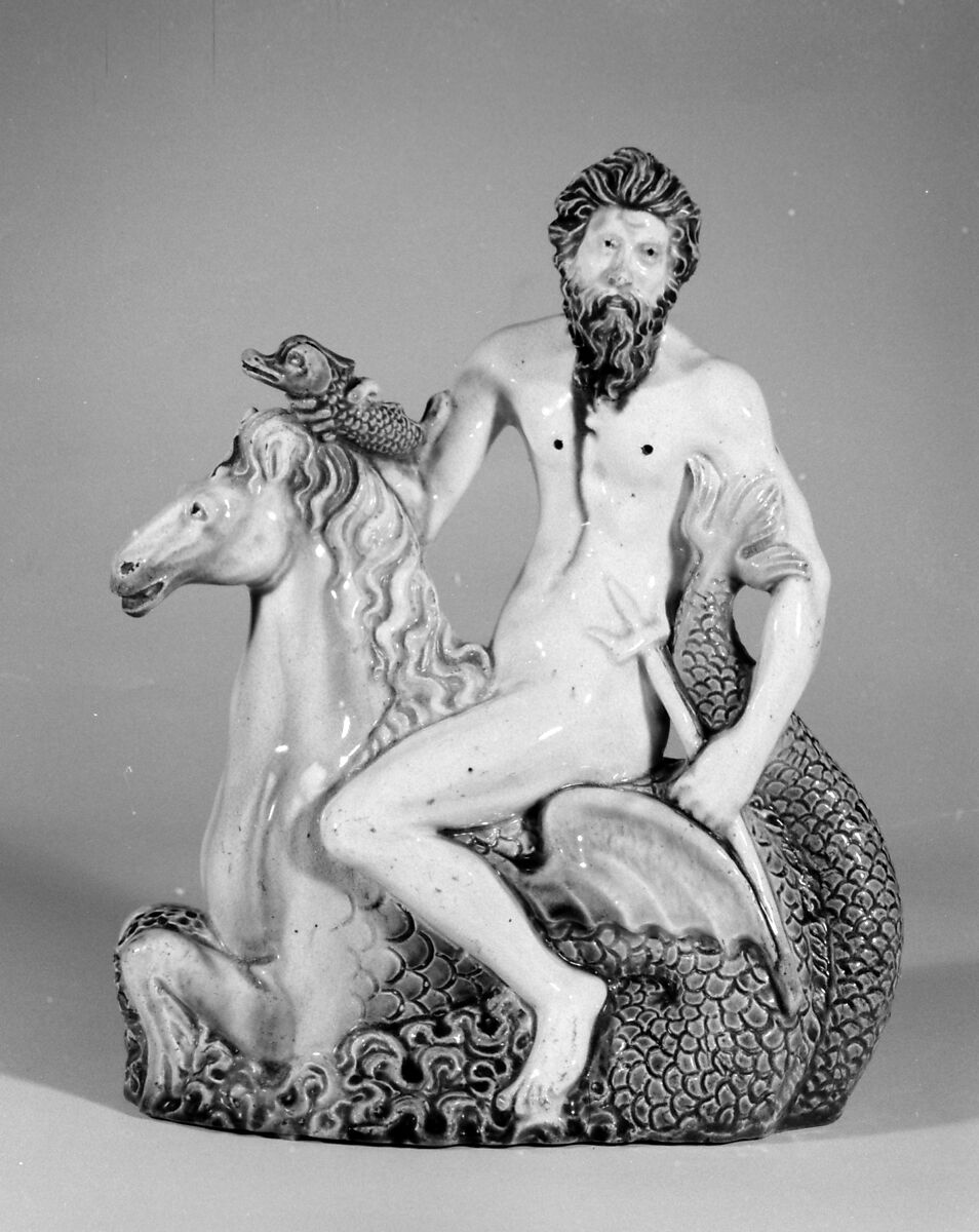 Neptune astride a hippocamp, Lead-glazed earthenware, probably French, Fontainebleau