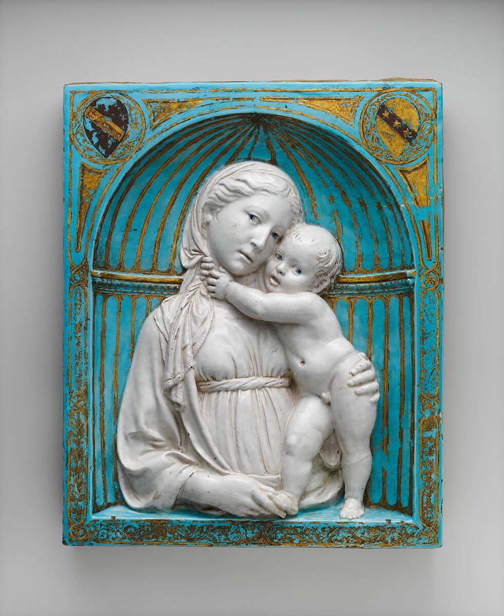 Virgin and Child in a niche, Luca della Robbia (Italian, 1399/1400–1482 Florence), Glazed terracotta with gilt and painted details, Italian, Florence 
