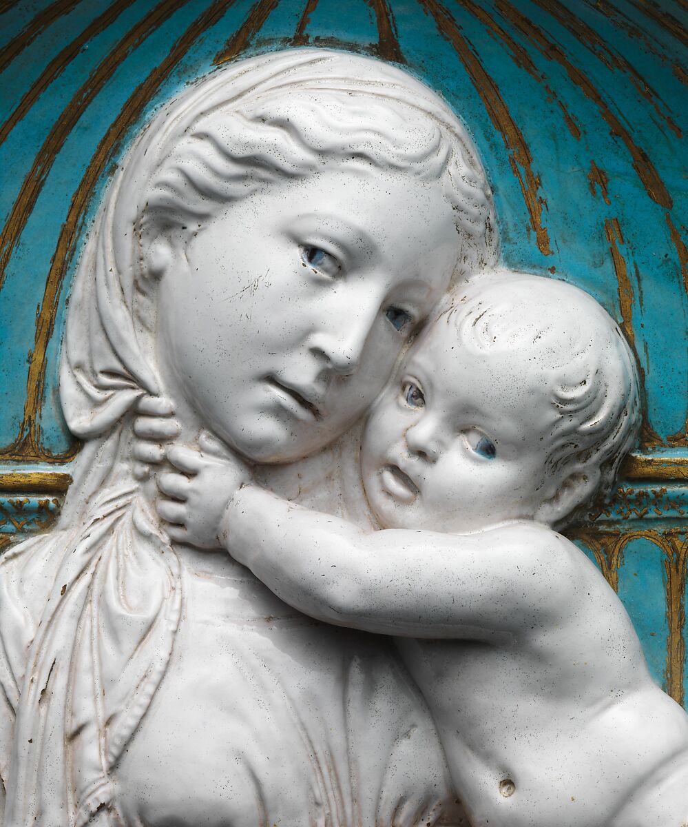 Virgin and Child in a niche, Luca della Robbia (Italian, 1399/1400–1482 Florence), Glazed terracotta with gilt and painted details, Italian, Florence
