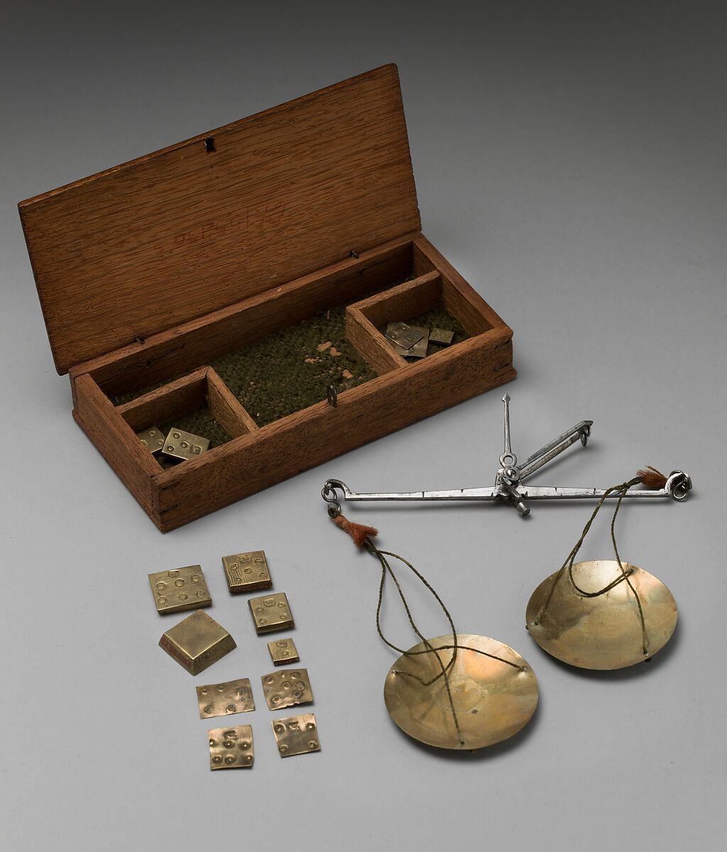 Brass Antique Scale Weight Set, Oak Box