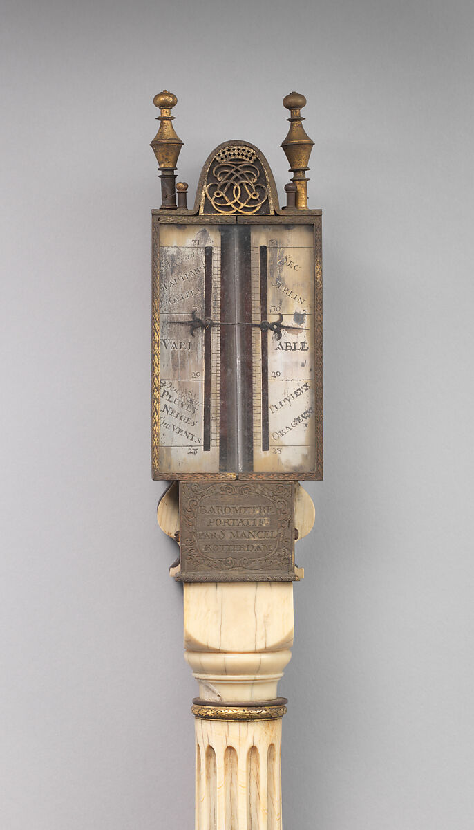 Pillar barometer, S. Mancel, Brass, glass, silver, ivory, oak; mercury, Dutch, Rotterdam