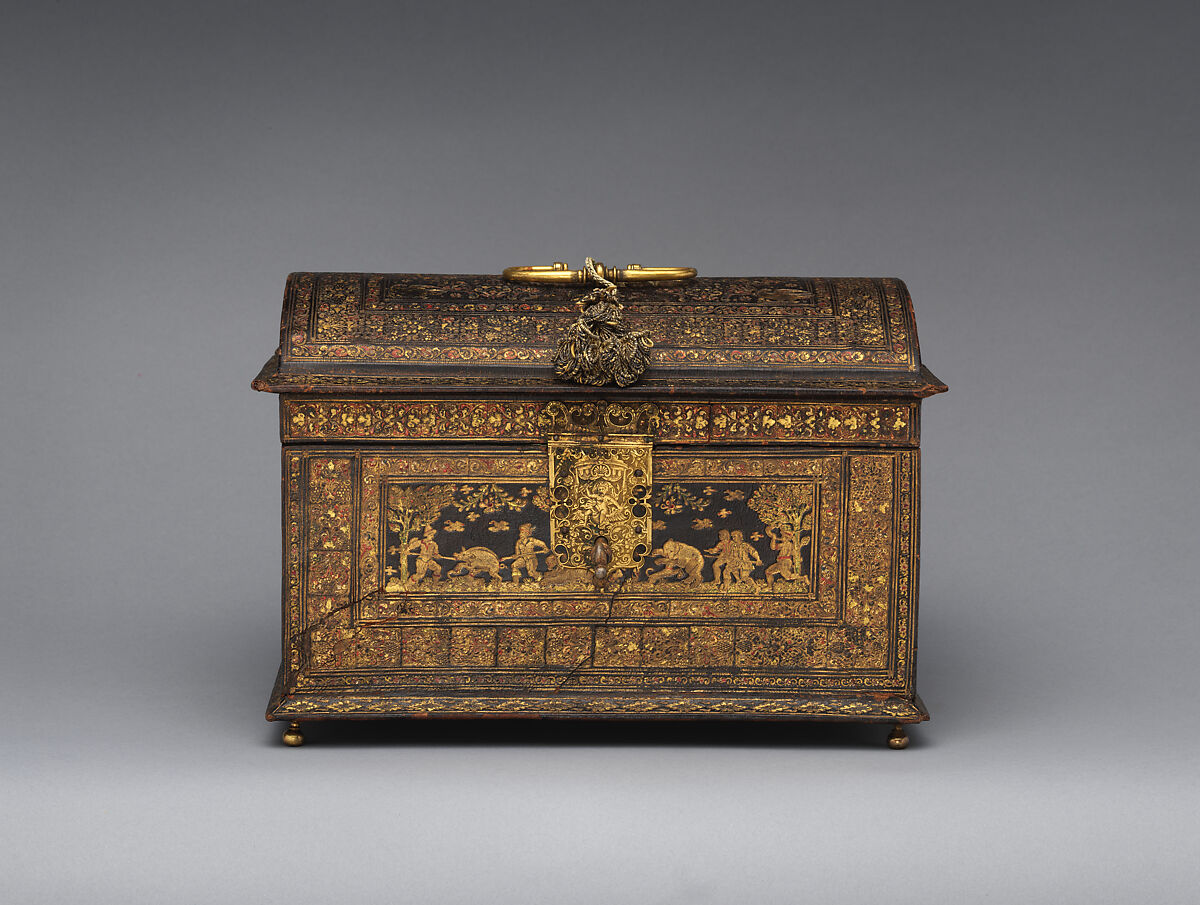 Coffer, Gold-tooled leather on wood; gilt brass; silk and metallic thread, Flemish or Dutch 