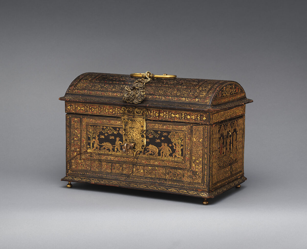 Coffer, Gold-tooled leather on wood; gilt brass; silk and metallic thread, Flemish or Dutch