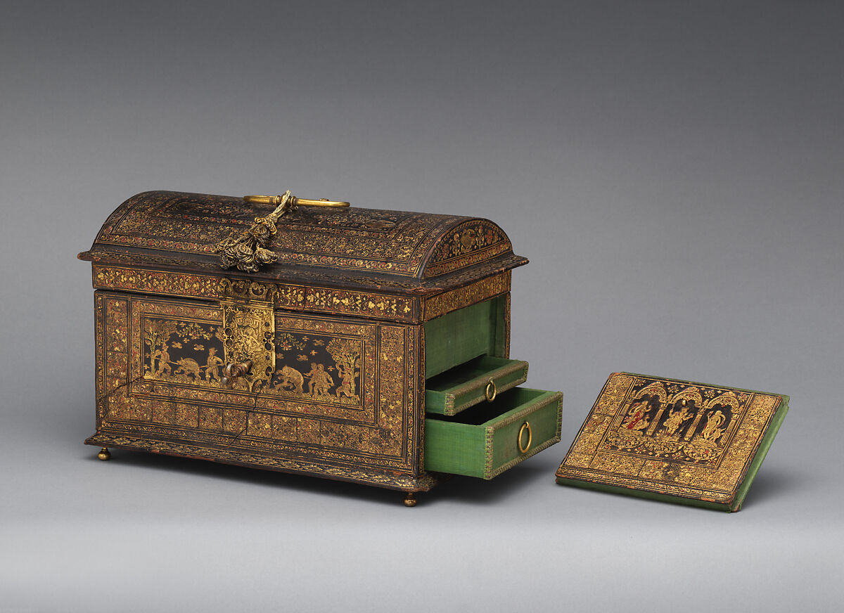 Coffer, Gold-tooled leather on wood; gilt brass; silk and metallic thread, Flemish or Dutch