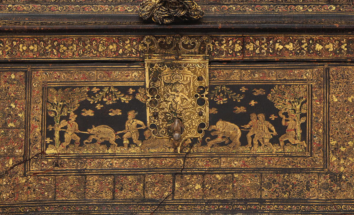 Coffer, Gold-tooled leather on wood; gilt brass; silk and metallic thread, Flemish or Dutch