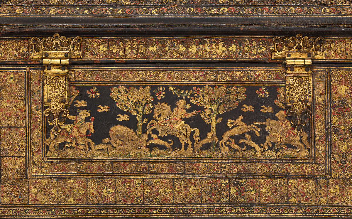 Coffer, Gold-tooled leather on wood; gilt brass; silk and metallic thread, Flemish or Dutch