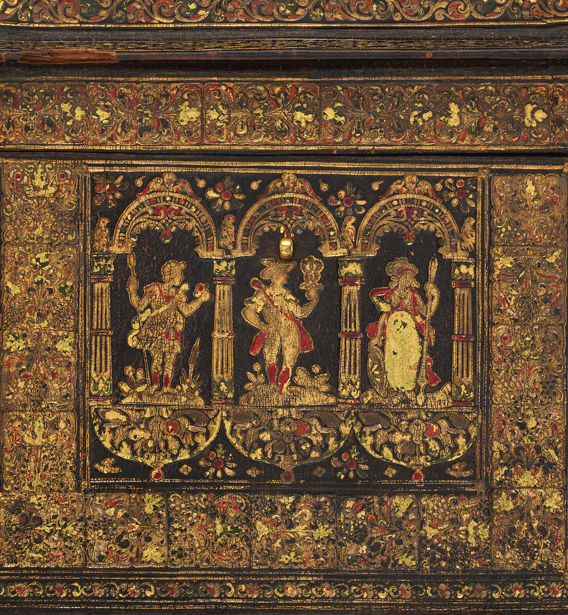 Coffer, Gold-tooled leather on wood; gilt brass; silk and metallic thread, Flemish or Dutch