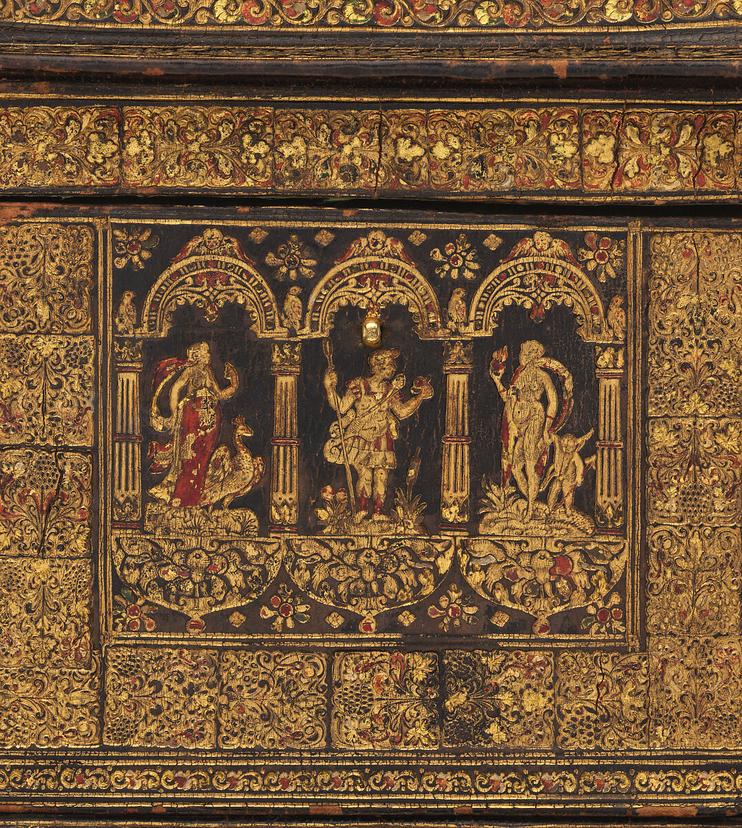 Coffer, Gold-tooled leather on wood; gilt brass; silk and metallic thread, Flemish or Dutch