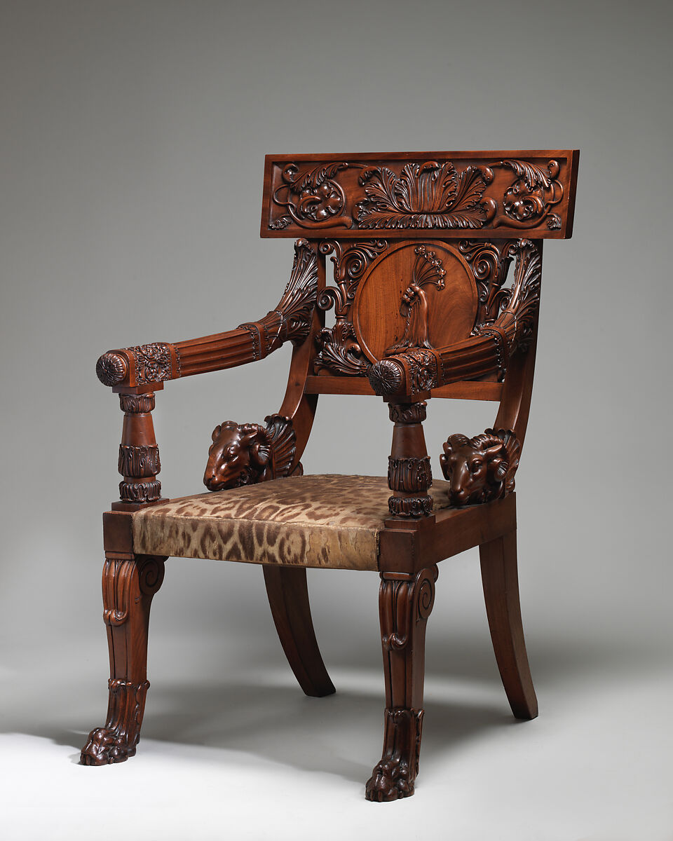 Armchair (part of a set), Charles Dixwell, Mahogany, leopard-skin upholstery original to the chair, British 