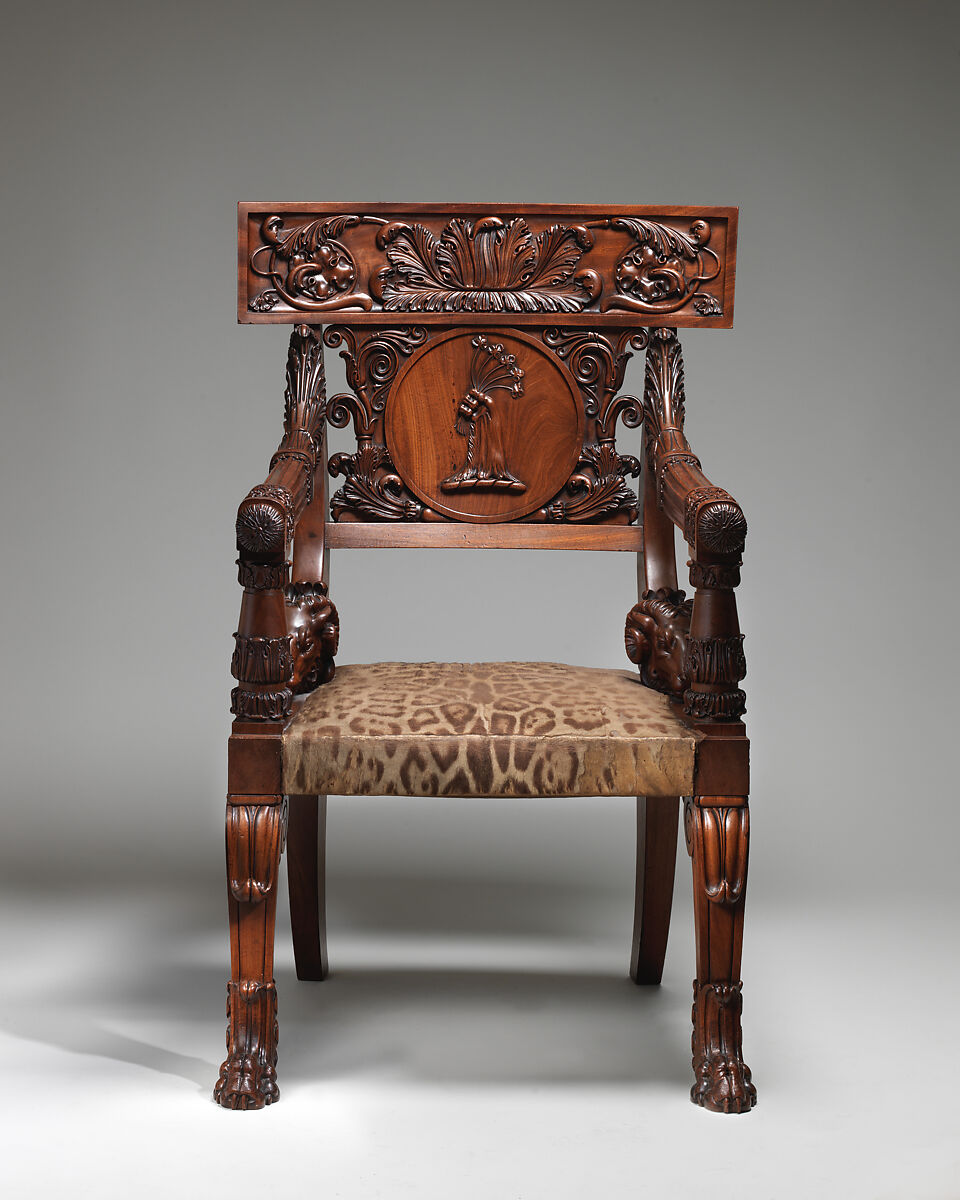 Armchair (part of a set), Charles Dixwell, Mahogany, leopard-skin upholstery original to the chair, British