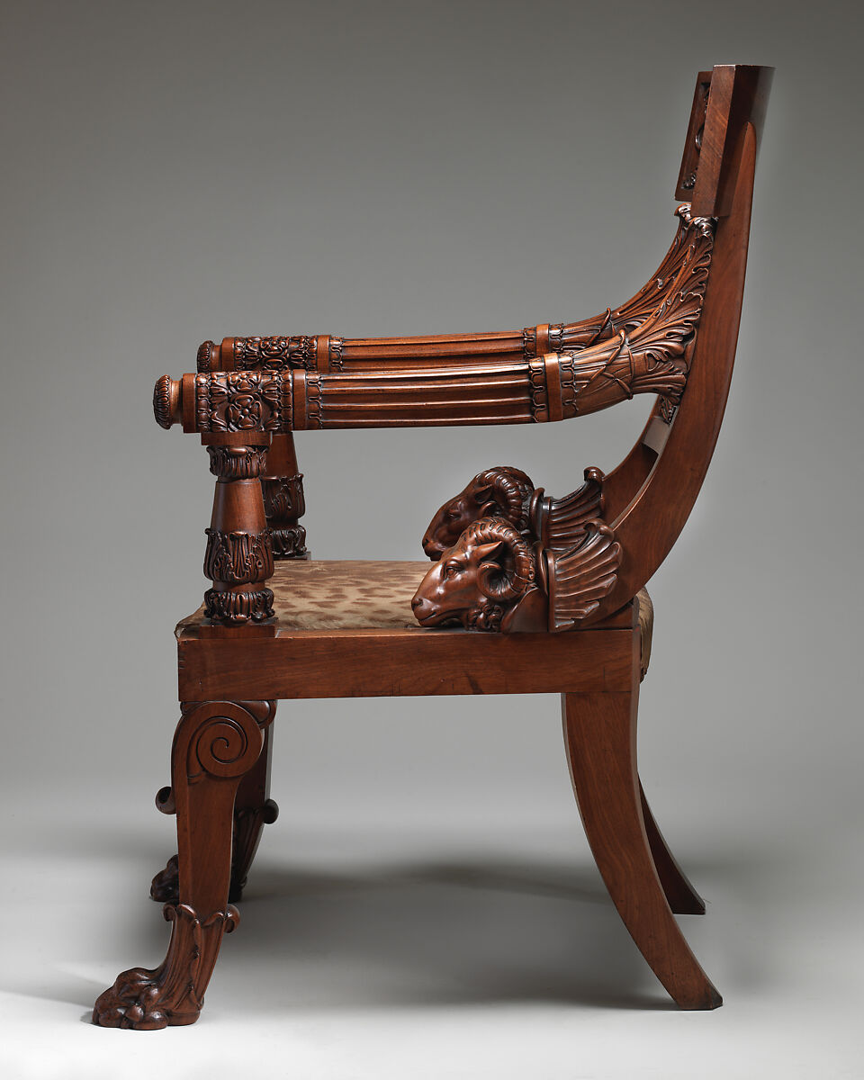 Armchair (part of a set), Charles Dixwell, Mahogany, leopard-skin upholstery original to the chair, British