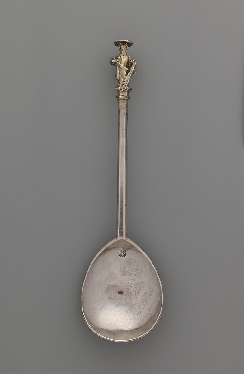 Apostle spoon: St. Simon Zelotes, William Cawdell (British, 1560–1625), Silver, partly gilded, British, London 