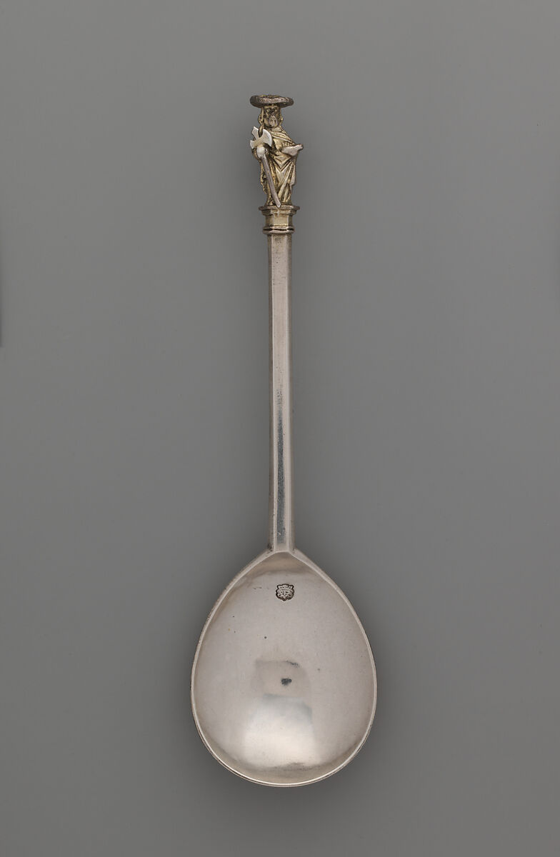 Apostle spoon: St. Matthias, William Cawdell (British, 1560–1625), Silver, partly gilded, British, London 