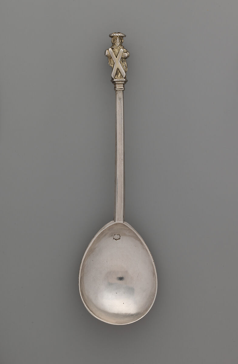 Apostle spoon: St. Andrew, Martin Hewitt (active 1613–23), Silver, partly gilded, British, London 