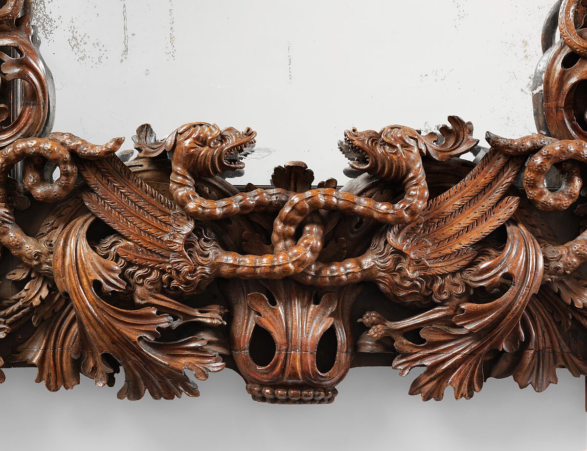 Mirror, Dark-stained pine; replaced mirror glass, German, Danzig (Gdansk)