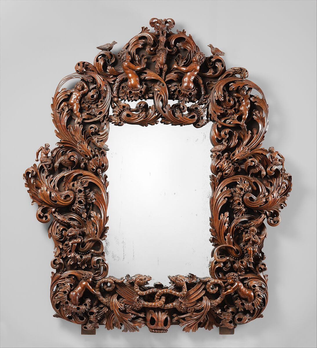 Mirror, Dark-stained pine; replaced mirror glass, German, Danzig (Gdansk) 