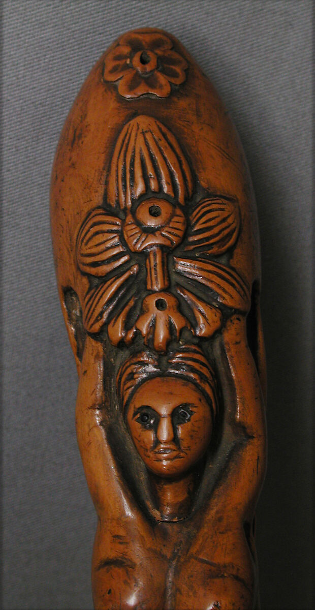 Walking stick with a female nude and a Breton sabot on the handle, Paul Gauguin (French, Paris 1848–1903 Atuona, Hiva Oa, Marquesas Islands), Boxwood, mother-of-pearl [Pinctada margaritifera (black-lip pearl oyster)], glass, and iron, French