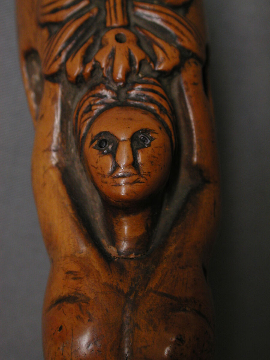 Walking stick with a female nude and a Breton sabot on the handle, Paul Gauguin (French, Paris 1848–1903 Atuona, Hiva Oa, Marquesas Islands), Boxwood, mother-of-pearl [Pinctada margaritifera (black-lip pearl oyster)], glass, and iron, French