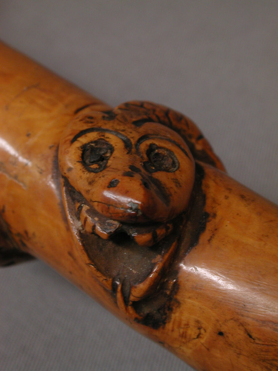 Walking stick with a female nude and a Breton sabot on the handle, Paul Gauguin (French, Paris 1848–1903 Atuona, Hiva Oa, Marquesas Islands), Boxwood, mother-of-pearl [Pinctada margaritifera (black-lip pearl oyster)], glass, and iron, French