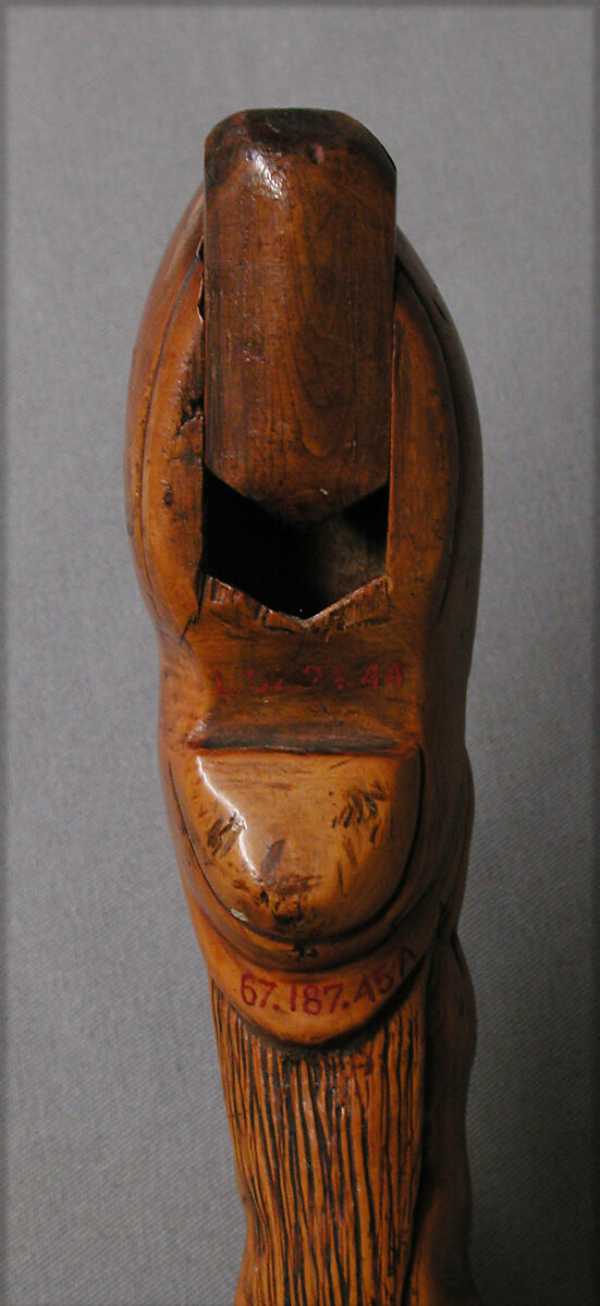 Walking stick with a female nude and a Breton sabot on the handle, Paul Gauguin (French, Paris 1848–1903 Atuona, Hiva Oa, Marquesas Islands), Boxwood, mother-of-pearl [Pinctada margaritifera (black-lip pearl oyster)], glass, and iron, French