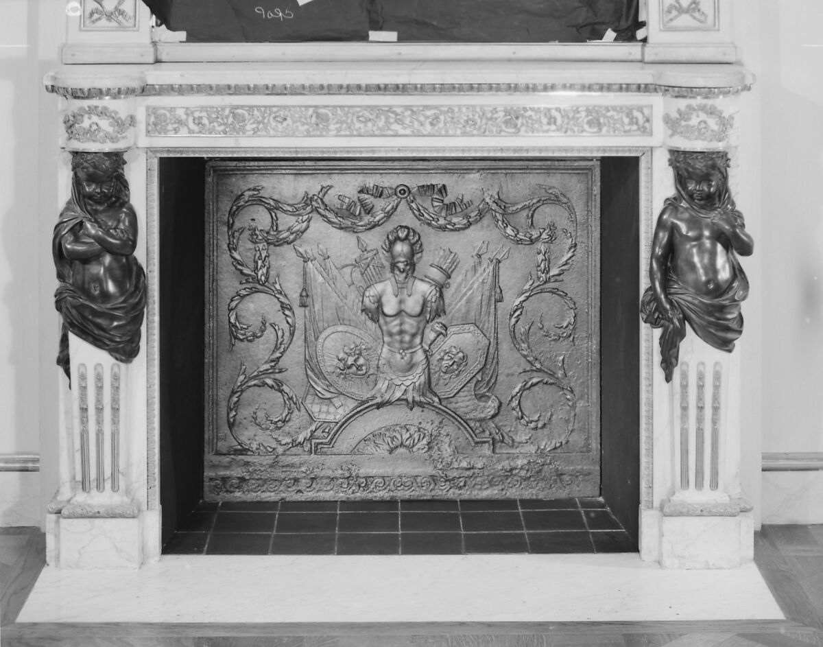 Chimneypiece, White marble, gilt and patinated bronze, French 