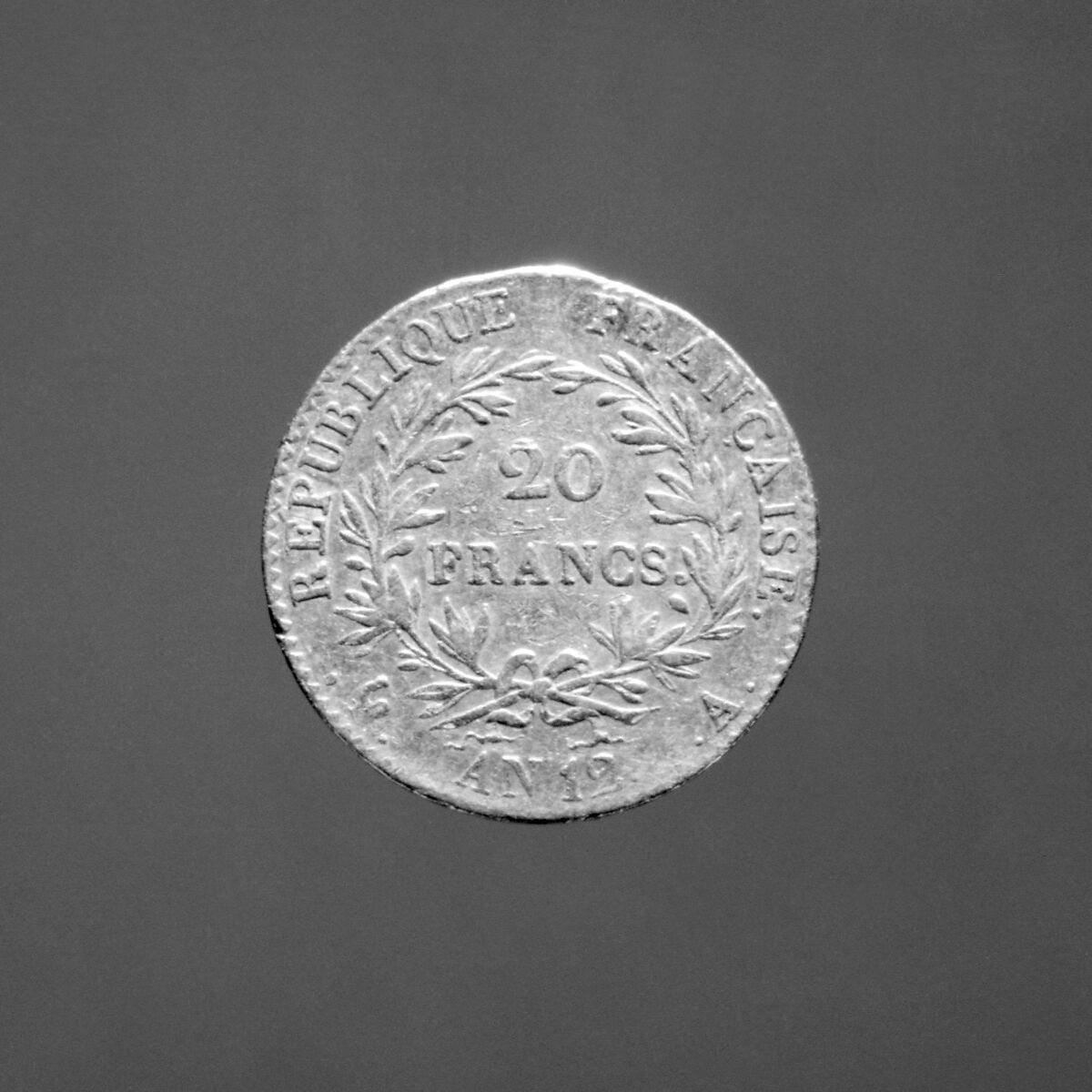 20-franc piece, year 12A, First Consul, Medalist: Nicholas-Pierre Tiolier (French, Paris 1784–1843 Paris), Gold, French