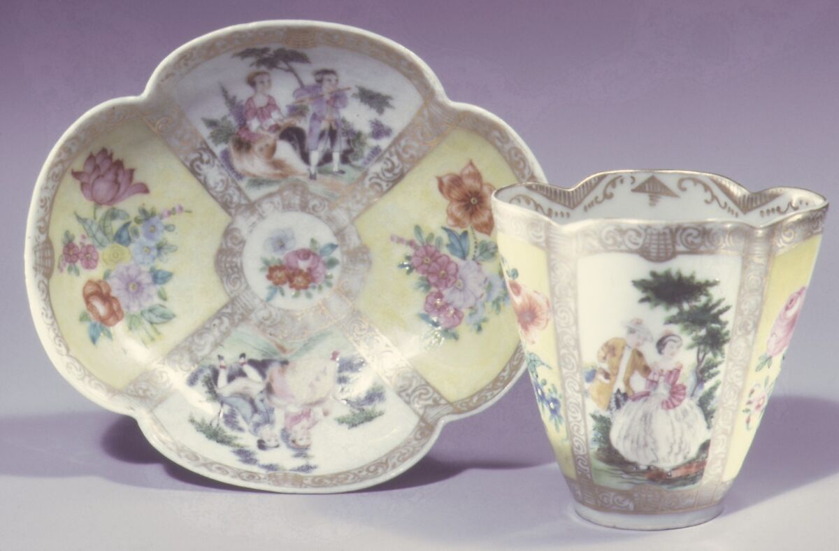 Cup and saucer (one of a pair), Hard-paste porcelain, Chinese, for European market 